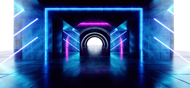 istock Futuristic Oval Circle Neon Glowing Purple Blue Rectangle Shaped Laser Beam Lights On Concrete Grunge Floor Reflective Tunnel Corridor Dark Entrance Stage 3D Rendering 1152051857