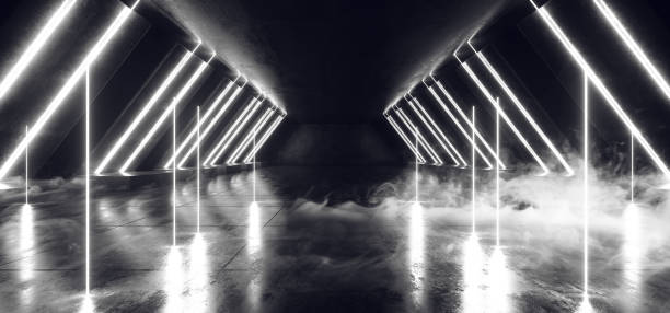 istock Smoke Futuristic Sci Fi Neon Glowing White Laser Shaped Abstract Virtual Fluorescent Dark Glossy Tunnel Corridor Hallway Underground 3D Rendering 1152053670