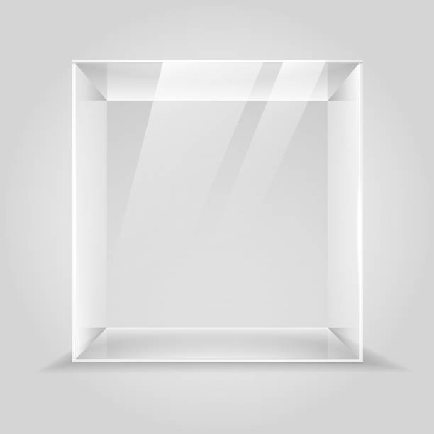 Empty glass display box Glass showcase. Empty glass display box, 3d museum lighting cube illustration, transparent product shop or gallery presenting podium box container stock illustrations