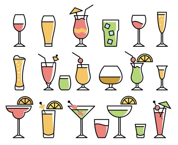 illustrations, cliparts, dessins animés et icônes de boisson et alcool ensemble icône - drink glass symbol cocktail