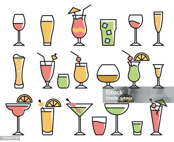 Set Di Icone Drink Alcohol - Immagini vettoriali stock e altre immagini di Cocktail - Cocktail, Icona, Alchol