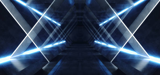 istock Futuristic Virtual Reality Modern Elegant Neon Glowing Sci Fi Laser Beam Stage Blue Triangle Shaped Tunnel Underground Tunnel Corridor Garage 3D Rendering 1152054727