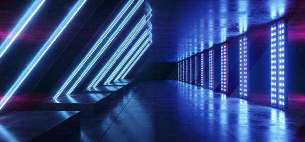 istock Virtual Reality Futuristic Modern Elegant Neon Glowing Sci Fi Laser Beam Stage Purple Blue Triangle Shaped Tunnel Underground Tunnel Corridor Garage 3D Rendering 1152054737