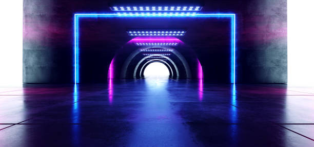 istock Futuristic Oval Circle Neon Glowing Purple Blue Rectangle Shaped Laser Beam Lights On Concrete Grunge Floor Reflective Tunnel Corridor Dark Entrance Stage 3D Rendering 1152054803