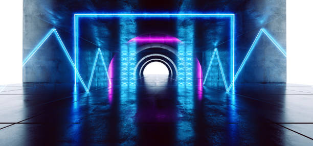istock Futuristic Oval Circle Neon Glowing Purple Blue Rectangle Shaped Laser Beam Lights On Concrete Grunge Floor Reflective Tunnel Corridor Dark Entrance Stage 3D Rendering 1152054817