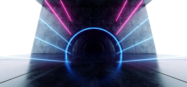 istock Sci Fi Circle Neon Glowing Vibrant Laser Beam Virtual Lights Purple Blue FLuorescent On Concrete Grunge Underground Tunnel White Glow Corridor 3D Rendering 1152054824
