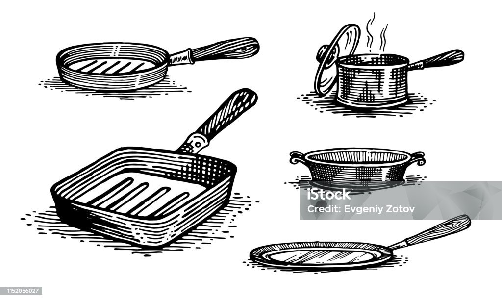 Pans, cooking pots, set of dishes. Healthy lifestyle, delicious products, a set of templates for menu design, restaurants and catering. Hand-drawn images, black and white graphics. Art stock vector