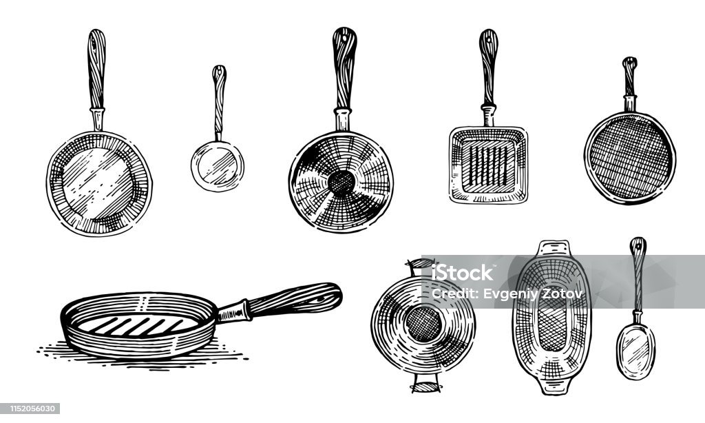 Pans, cooking pots, set of dishes. Healthy lifestyle, delicious products, a set of templates for menu design, restaurants and catering. Hand-drawn images, black and white graphics. France stock vector