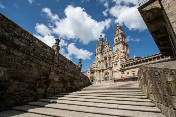 View of the Santiago de Compostela cathedral from Obradoiro square. Pilgrimage destiny