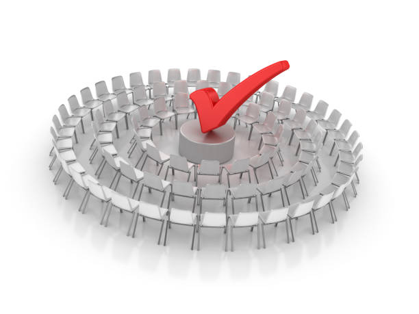 istock Circle of Chairs with Check Mark - 3D Rendering 1152060135