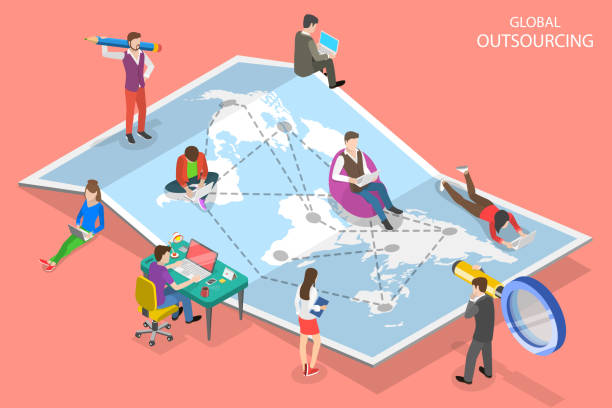 stockillustraties, clipart, cartoons en iconen met isometrische platte vector concept van global outsourcing, bedrijf op afstand management. - afgelegen