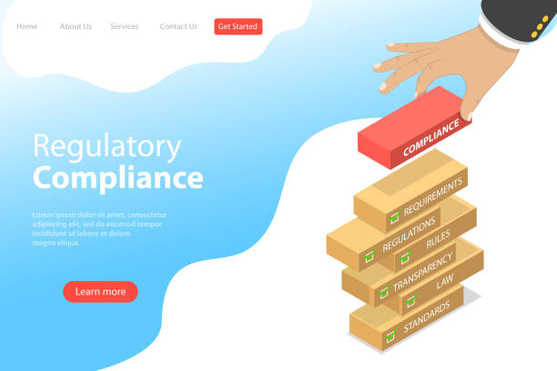 ilustrações de stock, clip art, desenhos animados e ícones de isometric flat vector landing page template of regulatory compliance. - classified ad internet advertisement marketing