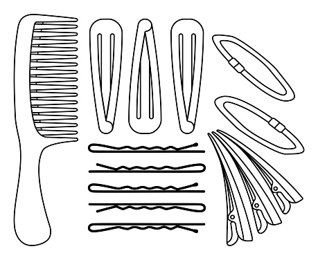 Line art black and white hair styling set Comb, pins and scrunchy elastic band Hairdresser equipment vector illustration for icon, label, certificate, brochure, leaflet, coupon or banner decoration