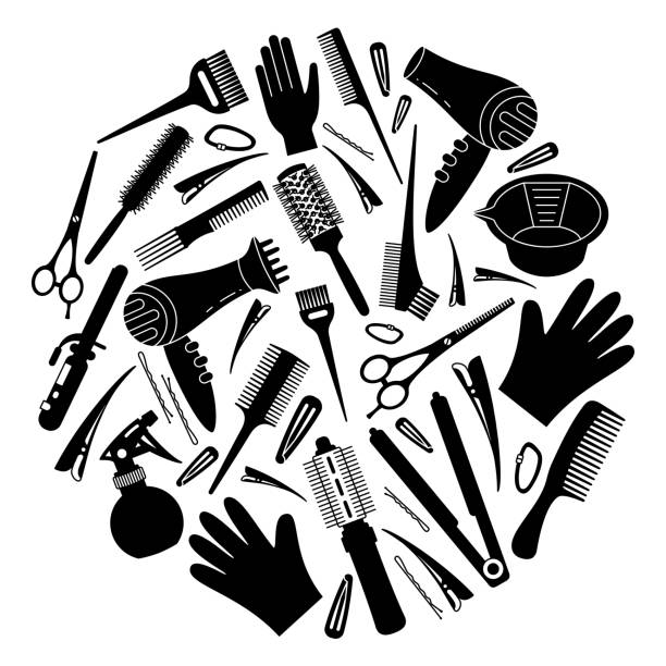 schwarz-weiß-friseur-werkzeugkonzept - beauty spa scissors hairstyle beautician stock-grafiken, -clipart, -cartoons und -symbole