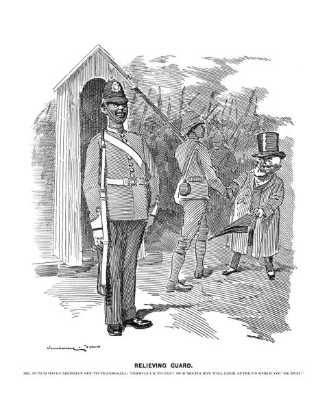 istock British satire comic cartoon caricatures illustrations - Guardsman leaving for Transvaal - Boer War 1152062469