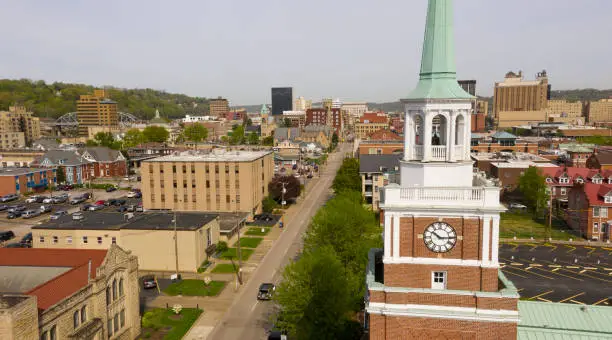 Aerial Elevating Up Over Chruch Clocktower and Charleston West Virginia