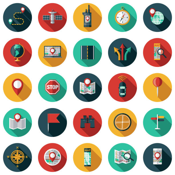 Map & Navigation Icon Set A set of icons. File is built in the CMYK color space for optimal printing. Color swatches are global so it’s easy to edit and change the colors. globe navigational equipment illustrations stock illustrations