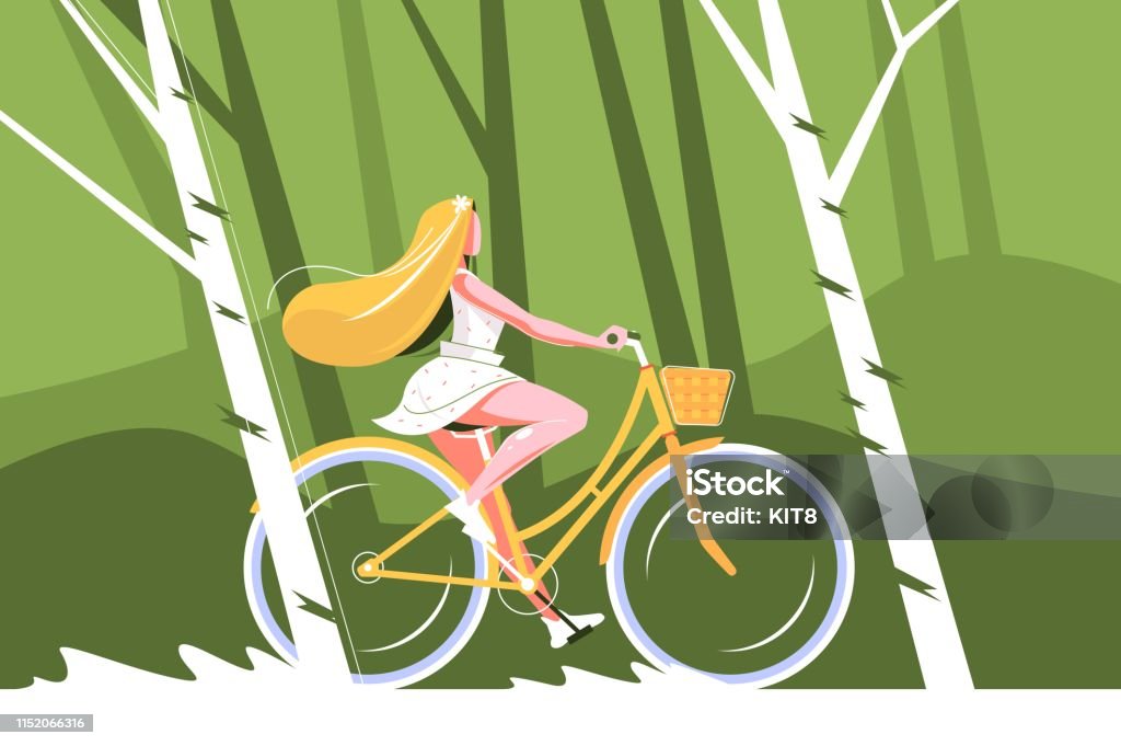 Cute girl riding bike Cute girl on bike vector illustration. Pretty young woman riding in park flat style concept. Female with nice long hair wearing beautiful summer dress bicycling Women stock vector