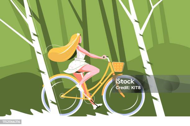 Cute Girl Riding Bike Stock Illustration - Download Image Now - Women, Cycling, Dress