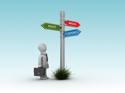 RIGHT WRONG DEPENDS Directional Sign with Business Character - Blue Background - 3D Rendering