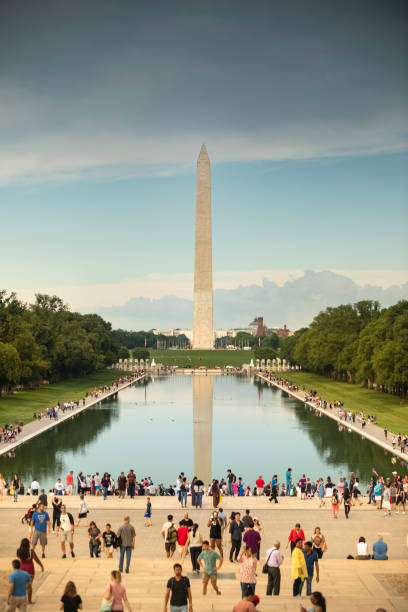 Washington Monument in DC USA Washington DC, USA - June 23, 2018:  Washington DC Monument and the US Capitol Building across the reflecting pool from the Lincoln Memorial on The National Mall USA washington monument reflecting pool stock pictures, royalty-free photos & images