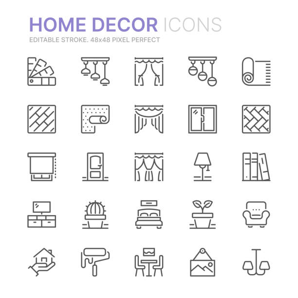 koleksi ikon garis terkait dekorasi rumah. 48x48 pixel sempurna. goresan yang dapat diedit - carpet decor ilustrasi stok