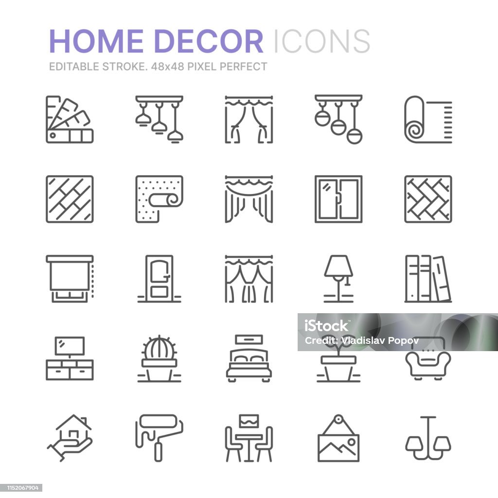 Collection of home decor related line icons. 48x48 Pixel Perfect. Editable stroke Icon stock vector