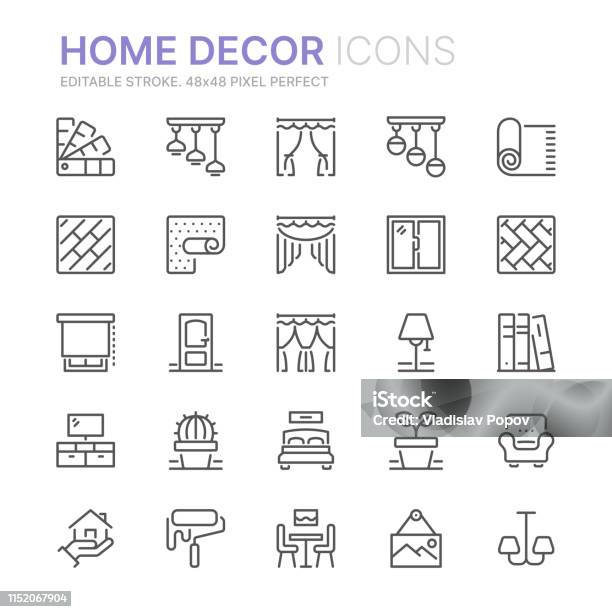 Collection Of Home Decor Related Line Icons 48x48 Pixel Perfect Editable Stroke Stock Illustration - Download Image Now