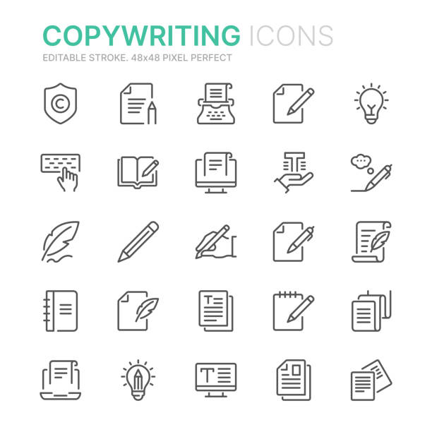 ilustrações de stock, clip art, desenhos animados e ícones de collection of copywriting related line icons. 48x48 pixel perfect. editable stroke - blog