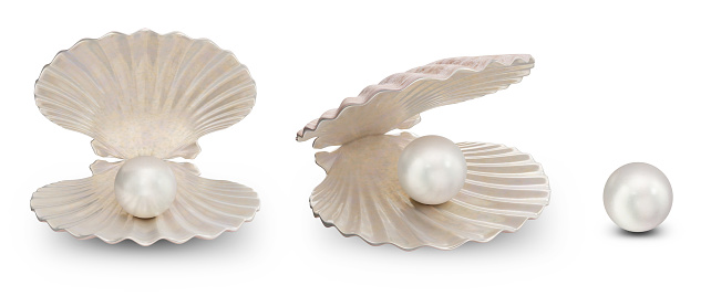 Set of sea shells with pearl inside. Collection gems, women's jewelry, nacre beads. For your banner, poster, logo. Set sea shells, shiny sea pearl isolated on white background. 3d illustration