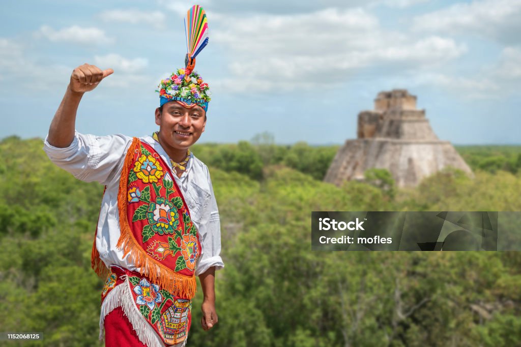 Smiling portrait of a Mexican native performer. A flying man before performing the "voladores" ritual in Mexico Mexico Stock Photo
