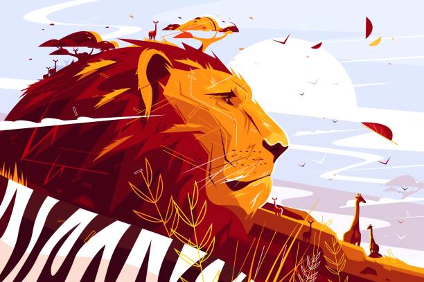 majestätischer löwe auf safari - wild stock-grafiken, -clipart, -cartoons und -symbole
