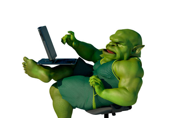 Fat internet troll using a laptop render 3d Fat internet troll using a laptop render 3d goblin stock pictures, royalty-free photos & images