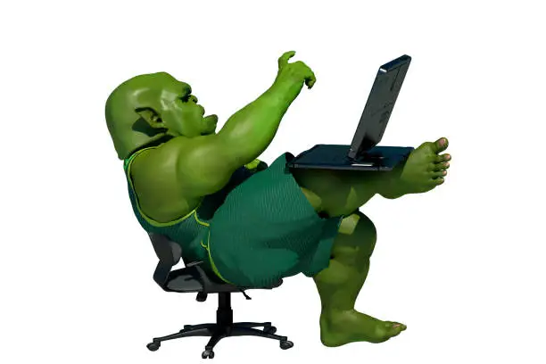 Fat internet troll using a laptop render 3d