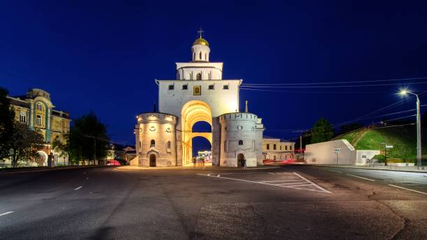 The Golden Gate in Vladimir at night. The Golden Gate in Vladimir at night. Famous sight of Russian Golden Ring. Copyspace for text. golden gate vladimir stock pictures, royalty-free photos & images