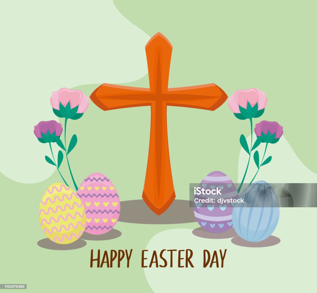 Happy Easter Day Card With Cross And Eggs Stock Illustration ...