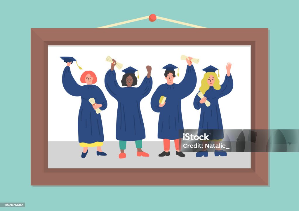 Photo of graduated students Photo of happy graduated students with diploma in graduation gown. Vector illustration. Achievement stock vector