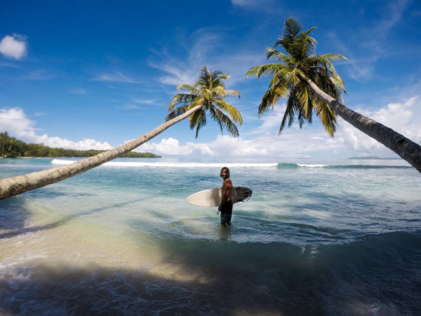 el hombre con una tabla de surf entre dos palmeras - mentawai islands rural scene sumatra indonesia fotografías e imágenes de stock