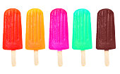 Ice lollys collection - rainbow colored fruity set of five frozen popsicles clipping path  isolated on white background.