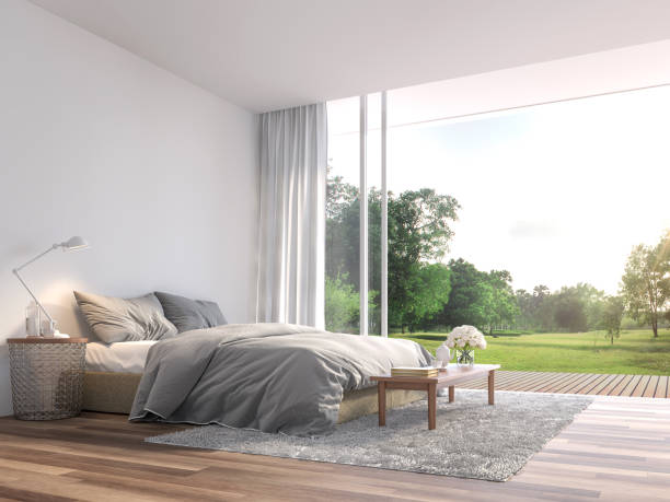 Modern bedroom with large open door to garden 3d render
