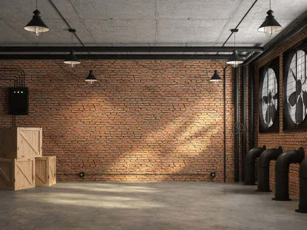 Loft space empty room 3d render,There are orange brick wall. With concrete floor and ceiling The wall has a large black ventilation fan. At the ceiling, there are plumbing pipes and wires