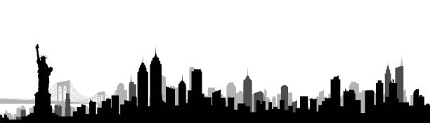 ilustraciones, imágenes clip art, dibujos animados e iconos de stock de ilustración vectorial de silueta de new york city skyline - statue manhattan monument flaming torch