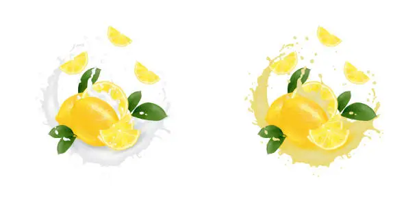 Vector illustration of Realistic 3d Lemon fruit juice splash. Milk round splash. Design element. Packaging