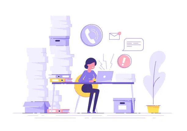 Vector illustration of Tired young woman working on her laptop among piles of papers and documents. Stress in the office. Rush work. Modern vector illustration.