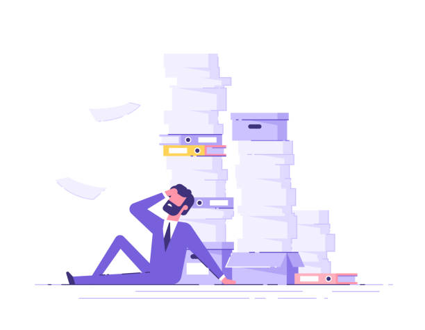 Tired businessman sitting on the floor clutching his head  with the piles of paper document around. Overwork concept. Modern vector illustration. Tired businessman sitting on the floor clutching his head  with the piles of paper document around. Overwork concept. Modern vector illustration. stack of papers stock illustrations