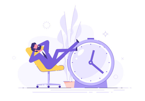 illustrazioni stock, clip art, cartoni animati e icone di tendenza di uomo procrastinante seduto in ufficio con le gambe su un orologio d'allarme. concetto di procrastinazione e pigrizia. illustrazione vettoriale. - waiting wasting time time business