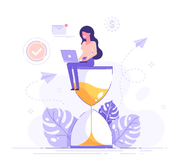 glückliche frau sitzt auf einer sanduhr und arbeitet an ihrem laptop business-prozess-symbole und infografiken auf hintergrund. multitasking-, produktivitäts- und zeitmanagement-konzept. flache vektor-illustration - deadline personal organizer busy clock stock-grafiken, -clipart, -cartoons und -symbole