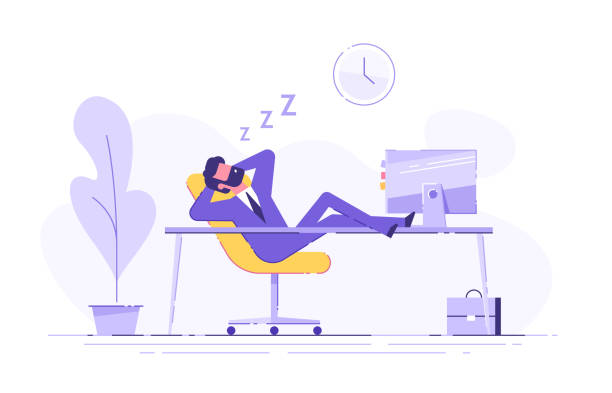 Man fell asleep at the table in the office. Work overtime. Modern vector illustration. Man fell asleep at the table in the office. Work overtime. Modern vector illustration. napping illustrations stock illustrations
