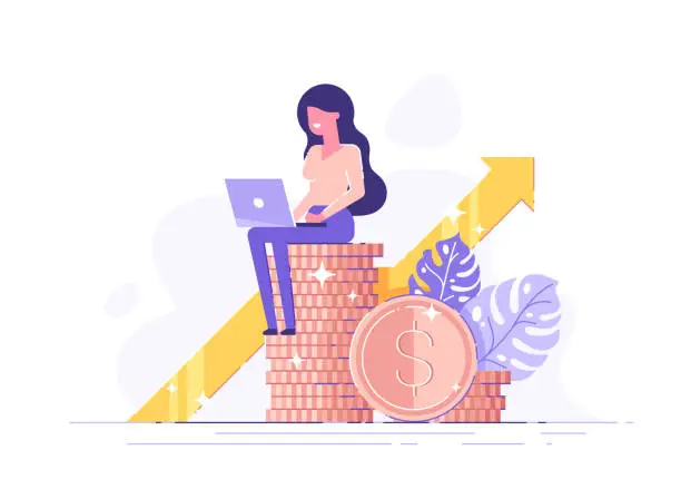 Vector illustration of Financial consultant leaning on a stack of coins smiles friendly and waves with hand. Successful investor or entrepreneur. Financial consulting, investment and savings. Modern vector illustration.