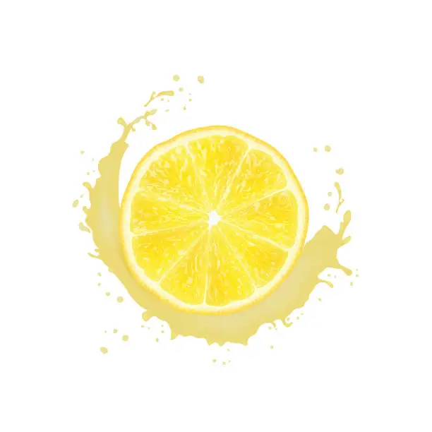 Vector illustration of Realistic 3d Vector Illustration. Sliced   lemon. Milk juice splash. Colourful citrus background.